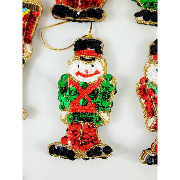 Christmas Ornament Sequins And Beaded Soldiers 4" Handmade 90's Two Sided x6 Vtg - Picture 6 of 13